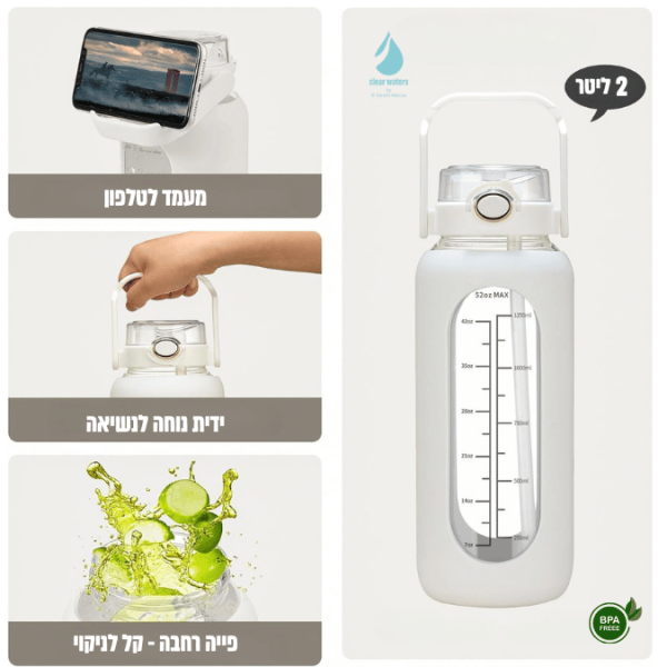 ⁦בקבוק מים זכוכית 2 ליטר clear water [לבן]⁩ – תמונה ⁦2⁩